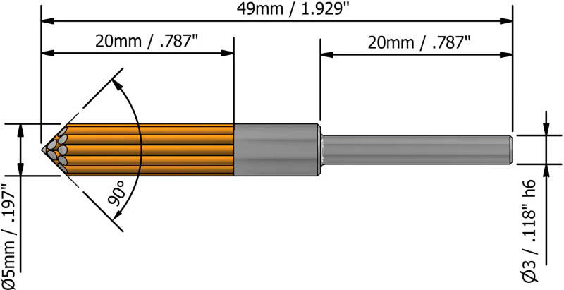 Kartáč koncový úhlový pro odjehlení Ø 5,0 mm - zrno 6000 (světle fialový - pro pryskyřice a kompozitní materiály) - UF-EB45-6000-D005-6050