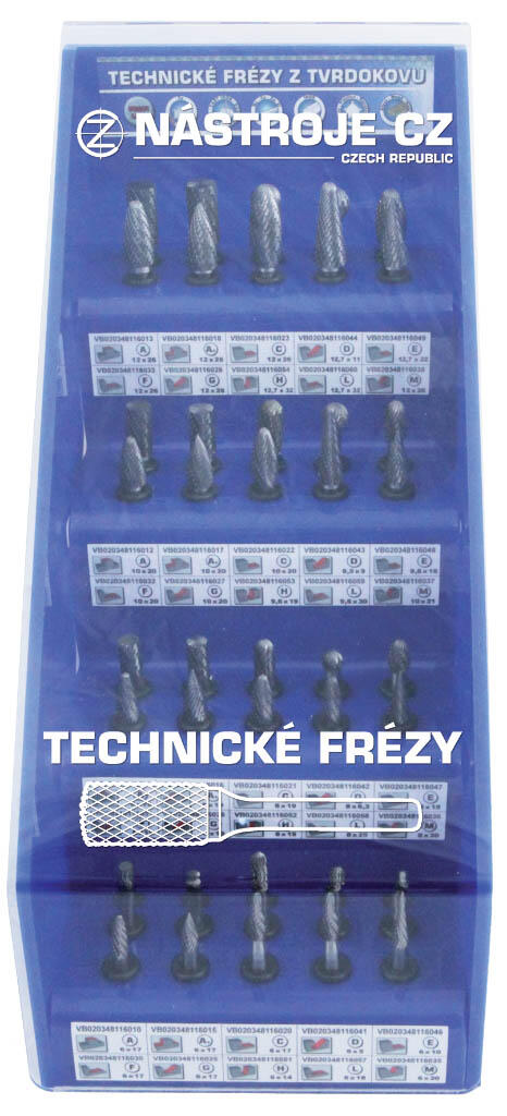 Sada technických TK fréz 40-dílná A,A+,C,G,F,L,M,D,H,E 6-8-10-12 dvojitý sek, ve stojanu - VB0203481160S1