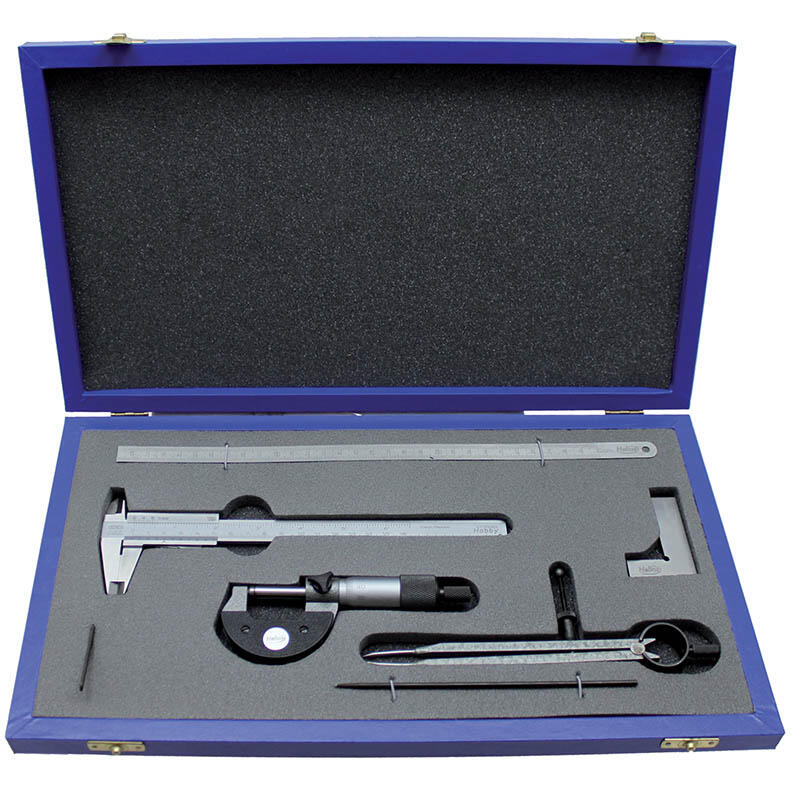 Sada dílenských měřidel - pos.měřítko 160mm, mikrometr 0÷25m, úhelník 63x35mm, kružítko 200mm, rýs.jehla, měřítko oh. 300mm - SO47160390